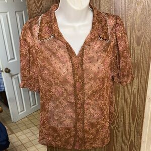 Alice Blue Brown Sheer Floral Lace Button-Front Blouse with Pink Embroidery